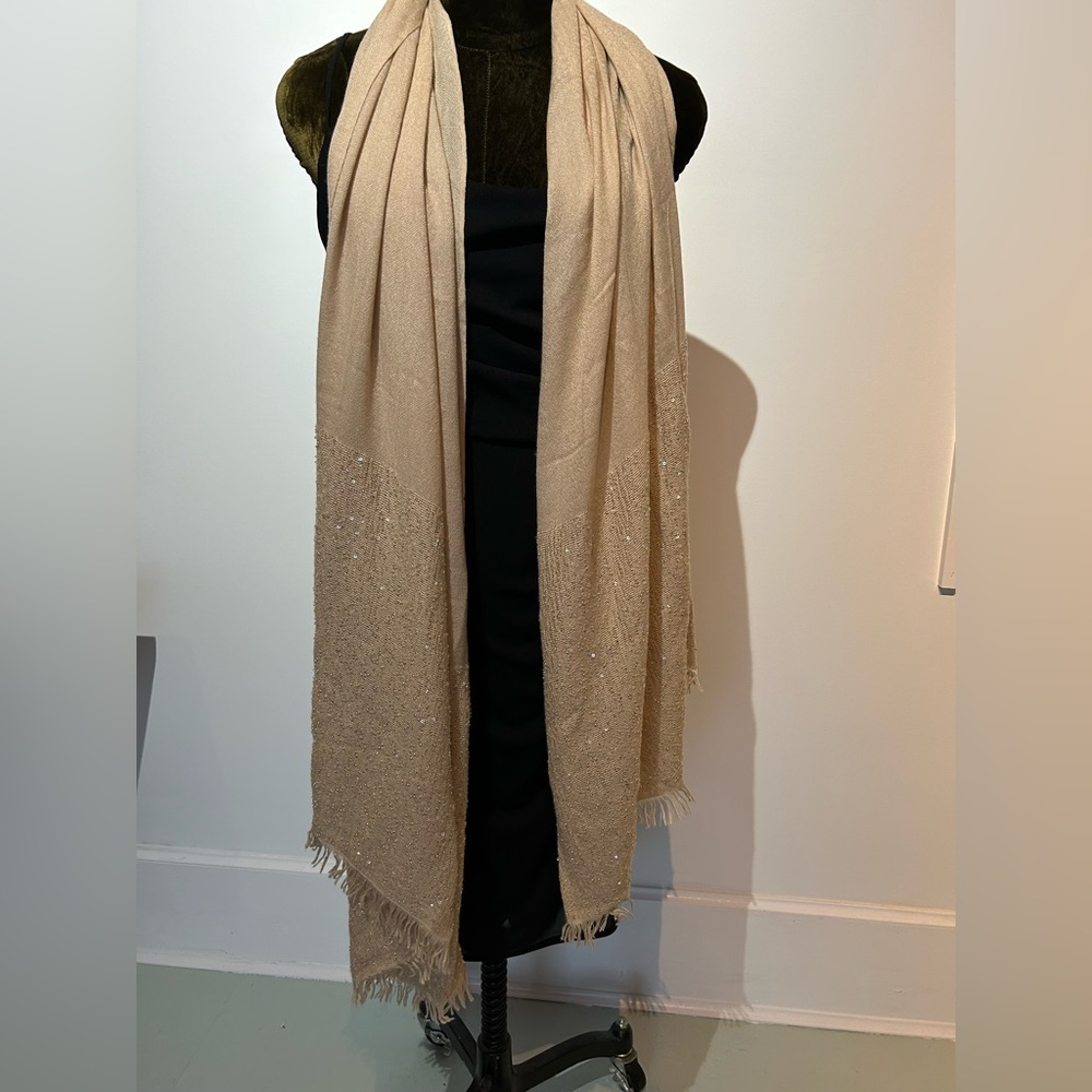 Valentino Garavani soft sand wool/silk shawl with iridescent beading.